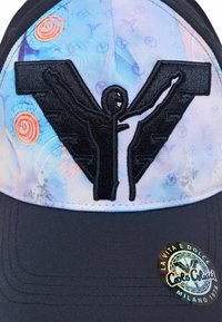 Cap with a colorful abstract design featuring a black embossed logo. The bill is dark gray, and there's a metallic logo sticker on the side.