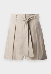 Jupe en lin beige à taille haute, avec des plis et une large ceinture en tissu nouée à l'avant.