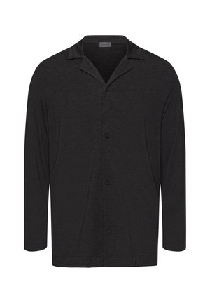 Černá dlouhá košile s límečkem, zapínáním na knoflíky a texturovanou látkou. Má uvolněný střih a decentní design.