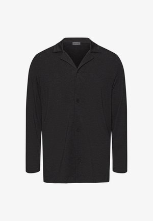 Zwart shirt met lange mouwen, een kraaghalslijn, knoopsluiting en een gestructureerde stof. Heeft een relaxte pasvorm en een subtiel ontwerp.