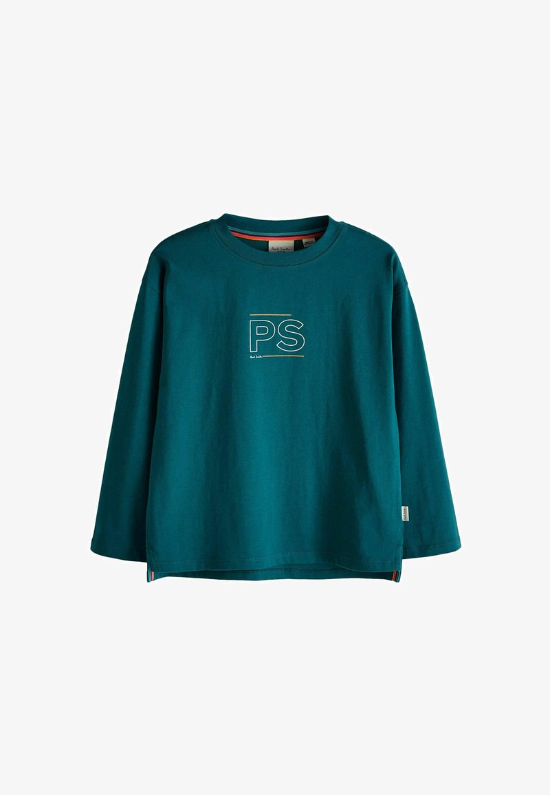Långärmad teal skjorta gjord av bomull, med en vit "PS" grafik på framsidan och sidodetaljer i kontrasterande färger.