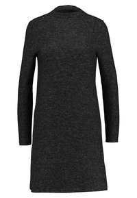 Robe gris foncé à manches longues en tissu texturé, avec un col rond et une coupe droite arrivant au genou. Aucun motif ou accent visible.