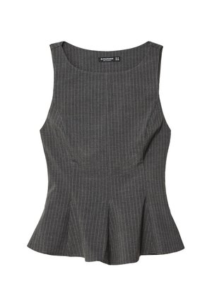 Top senza maniche grigio a righe con corsetto aderente e dettagli a orlo svasato, realizzato in tessuto liscio. Etichetta visibile all'collo.