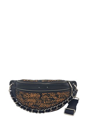 Sac en tissu tissé noir et orange avec une bandoulière en chaîne, forme ovale, doubles compartiments zippés et accents en cuir. Surface texturée.