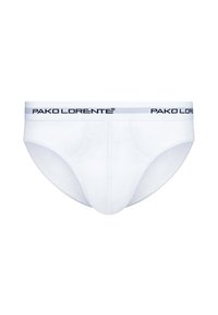 Białe bawełniane slipy z granatowym elastycznym paskiem w którym znajduje się logo "PAKO LORENTE". Gładka faktura, klasyczny krój z umiarkowanym zakryciem.