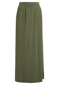 Olive green maxi skirt made of soft fabric, featuring a fitted waistband and subtle pleats for a flowing design. No additional accents.