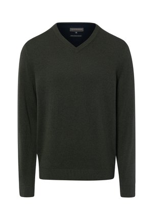 Pull vert foncé à manches longues avec col en V, poignets et ourlet côtelés, étiquette Finshley & Harding, fabriqué en mélange coton et cachemire.