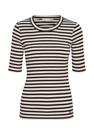 Fekete-fehér csíkos rövidujjú ing, bordázott textúrával és kerek kivágással, kis logóval a jobb alsó oldalon.