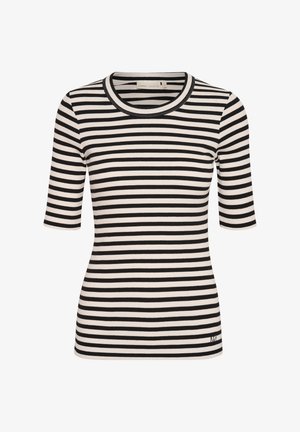 Melnās un baltās svītrainās īsajās piedurknēs krekliņš ar ribotu tekstūru un apaļu dekoltē, uz kura apakšējā labajā pusē ir neliels logotips.