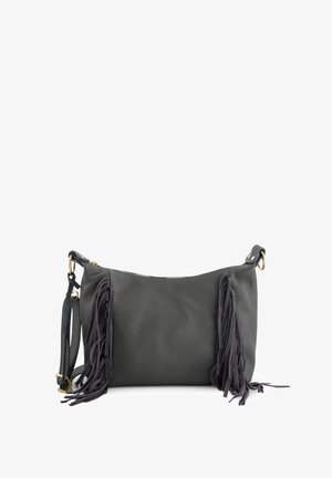 Dark gray leather shoulder bag with long suede tassels on both sides and gold-tone hardware details.