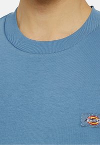 Ljusblå crew-neck sweatshirt i mjukt material, med ribbade muddar och nederkant, samt en rektangulär logopatch på framsidan.
