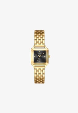 Gold-tone square watch with a black dial, linked bracelet, minimalist design, and three hands for hour, minute, and second indicators.