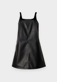 Svart ärmlös klänning i konstläder med A-linjeform, fyrkantig halsringning och synlig sömnad nedtill i mitten.