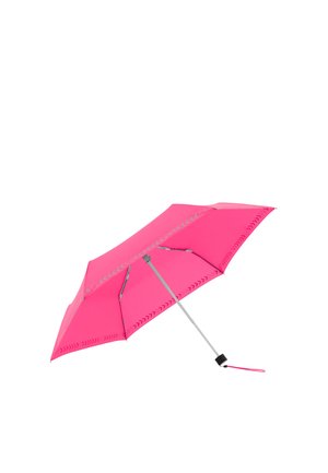 Bright pink compact umbrella with silver shaft and wrist strap, open against a white background.