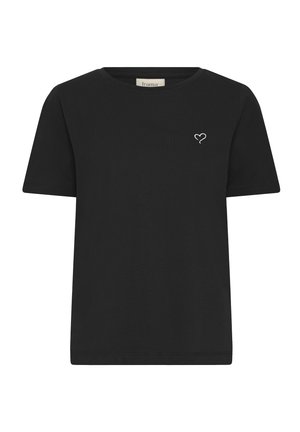 Črna bombažna majica s kratkimi rokavi, krožnim izrezom, ki ima na levi strani prsnega dela majhno belo vezeno srce. Mehka tekstura, sproščen kroj.