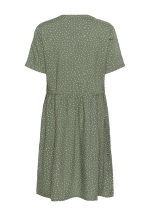 Abito a maniche corte in tessuto verde oliva con pois bianchi, caratterizzato da una vita aderente e gonna svasata. Tessuto morbido.