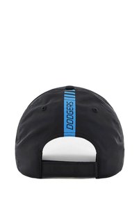 Schwarze Baseballmütze mit blauem "DODGERS"-Logo und vertikalem Streifen auf der Rückseite. Verfügt über Belüftungslöcher und einen verstellbaren Riemen.