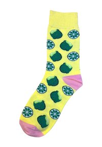 Geel gekleurde sokken met groene limoen- en limoenplakpatronen, voorzien van een roze boord. Zacht materiaal, hoogte tot de middenkalf en een levendig kleurenpalet.