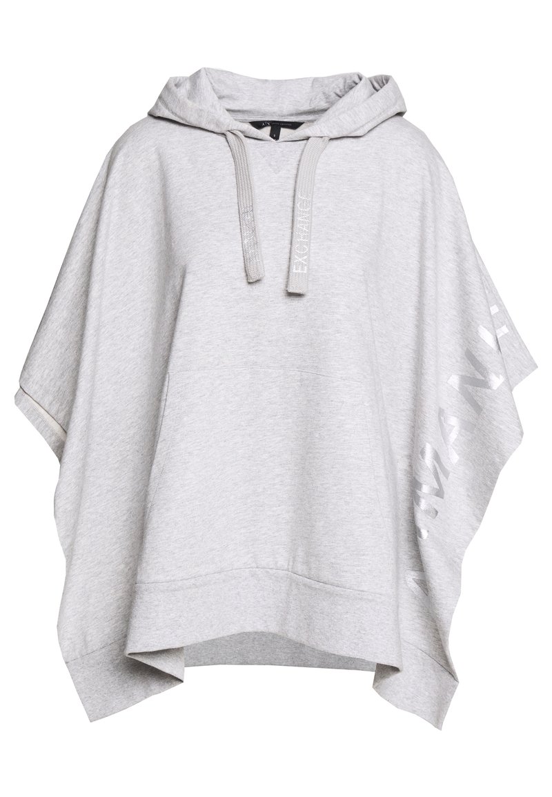 Jasnoszary poncho z kapturem, wykonane z miękkiego materiału, z przednią kieszenią i nadrukowanym tekstem w błyszczącym wykończeniu na rękawie. Luźny krój.