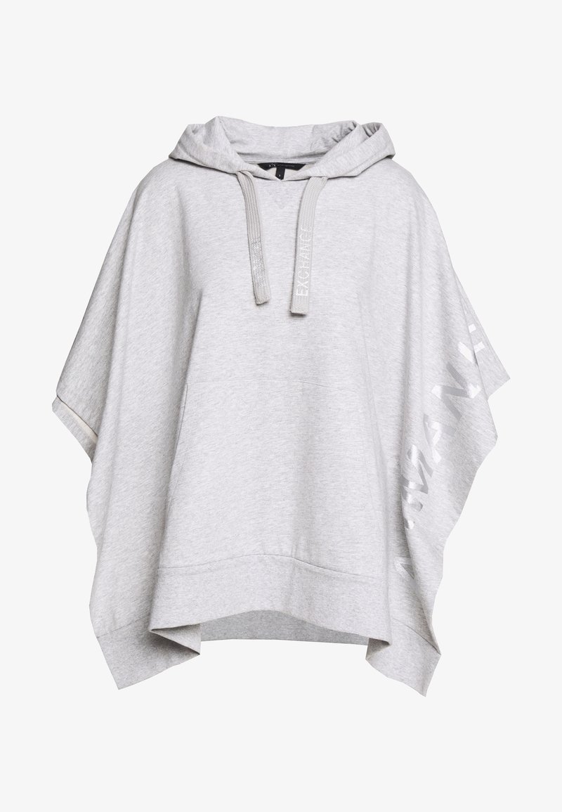 Jasnoszary poncho z kapturem, wykonane z miękkiego materiału, z przednią kieszenią i nadrukowanym tekstem w błyszczącym wykończeniu na rękawie. Luźny krój.