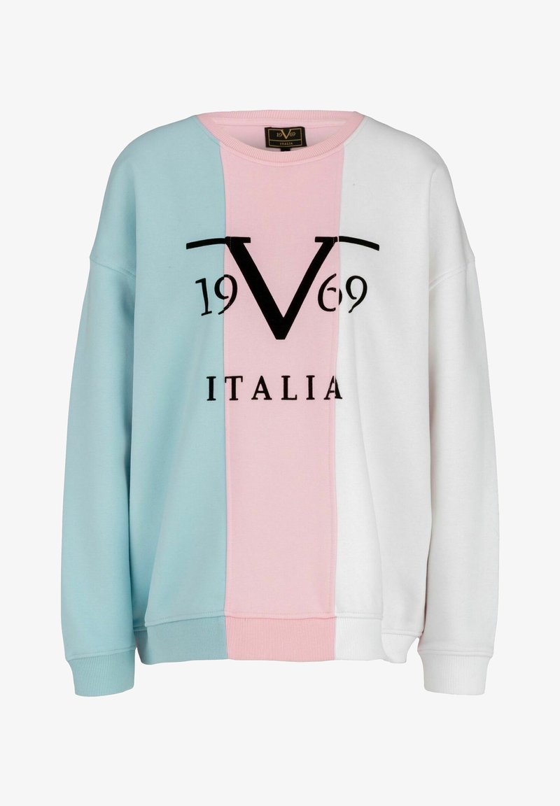 Color-blocked sweatshirt in light blue, pink, and white. Features a prominent black logo with "1969 ITALIA" in large font. Soft texture, casual design.