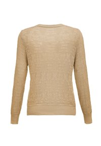 Beige kötött pulóver hosszú ujjakkal, texturált mintával, bordás mandzsettával és hem, valamint klasszikus kerek nyakú dizájnnal.