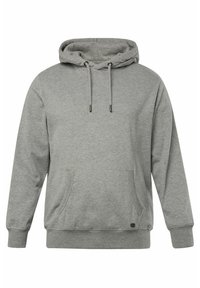 Sudadera con capucha gris, hecha de una mezcla de algodón, que cuenta con un bolsillo canguro en la parte delantera, cordones y puños acanalados. Textura suave, ajuste casual.