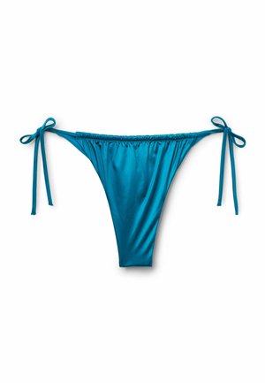 Blauer Satin-Bikini-Slip mit seitlichen Schleifen, dargestellt vor weißem Hintergrund.