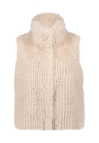 Gilet en fausse fourrure de couleur blanc cassé, avec un col montant et une surface texturée et shaggy. Sans fermeture ; design sans manches. Apparence douce et chaude.
