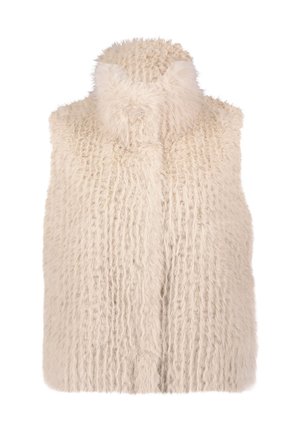 Gilet en fausse fourrure de couleur blanc cassé, avec un col montant et une surface texturée et shaggy. Sans fermeture ; design sans manches. Apparence douce et chaude.