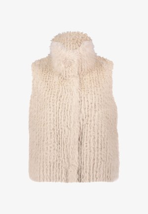 Faux-Fur-Weste in Off-White, mit hohem Kragen und strukturiertem, zotteligem Oberflächenmaterial. Keine Verschlüsse; Ärmelloses Design. Weiches und warmes Aussehen.