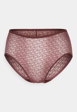 Przezroczyste majtki w kolorze mauve o wysokim stanie z abstrakcyjnym wzorem na całej powierzchni oraz elastycznym pasem i wykończeniach nogawek na jednolitym tle.