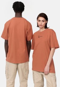 Camisetas grandes de color óxido de metal, hechas de algodón, con cuello redondo y mangas cortas. En el frente tienen una pequeña impresión de firma negra.