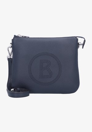 Sac bandoulière en cuir bleu marine avec logo circulaire perforé et sangle réglable avec boucles métalliques argentées.