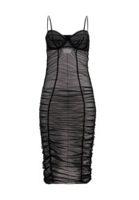 Czarna sukienka z siateczki o dopasowanej sylwetce, marszczonym wzorze, regulowanymi ramiączkami spaghetti oraz przezroczystą nakładką z gładką górą.