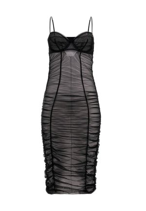 Zwarte mesh jurk met een aansluitende silhouet, gerimpelde textuur, verstelbare spaghetti bandjes en een doorschijnende overlay met een gladde lijfje.