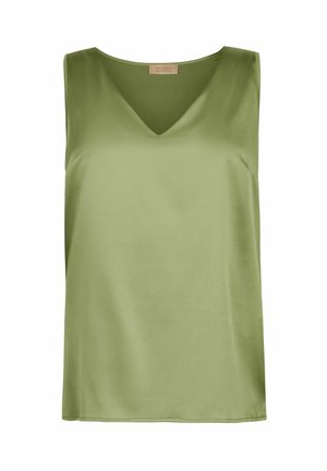 Olivgrünes ärmelloses Satintop mit V-Ausschnitt und Etikett am Halsausschnitt, dargestellt auf schlichtem Hintergrund.