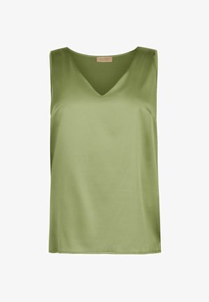 Olivgrünes ärmelloses Satintop mit V-Ausschnitt und Etikett am Halsausschnitt, dargestellt auf schlichtem Hintergrund.