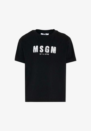 T-shirt nera a maniche corte con la scritta "MSGM" in grandi lettere bianche testurizzate e "MILANO" in lettere bianche più piccole sotto, sul davanti.
