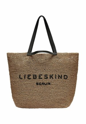 Tkany brązowy worek typu tote z czarnymi podwójnymi uchwytami i "LIEBESKIND BERLIN" nadrukowanym na środku z przodu czarnymi literami.