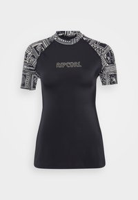Short-sleeve black rash guard with patterned sleeves. Features Rip Curl logo in gold. Material is smooth and flexible, suitable for water activities.