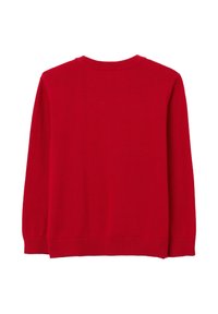 Roter gestrickter Pullover mit langen Ärmeln, runder Halslinie und gerippten Säumen. Glatte Textur, einfarbig und ohne sichtbare Muster oder Verzierungen.