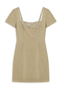 Beige getailleerde jurk met korte mouwen, vierkante halslijn en verfraaide paillettenbodice. Glad textuur, knielange ontwerp met een nauwsluitende pasvorm.