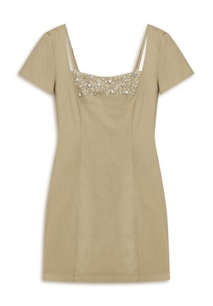 Beżowa dopasowana sukienka z krótkimi rękawami, kwadratowym dekoltem i ozdobnym koronkowym gorsetem. Gładka tekstura, projekt w długości do kolan z dopasowanym krojem.