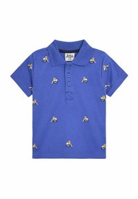 Polo blu con maniche corte, tre bottoni e piccoli ricami gialli e neri distribuiti. Realizzato in cotone.