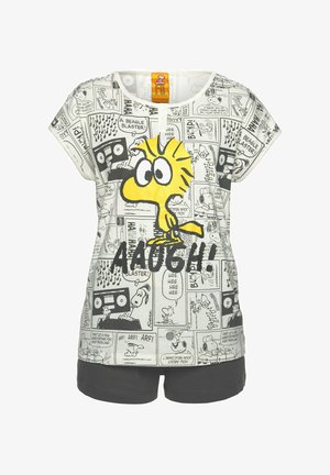 Short-sleeve, white graphic t-shirt featuring a yellow cartoon bird, comic strip prints, and black text on a black bottom hem.