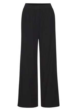 Black wide-leg pants with elastic waistband, loose fit, and no visible pockets or embellishments on white background.
