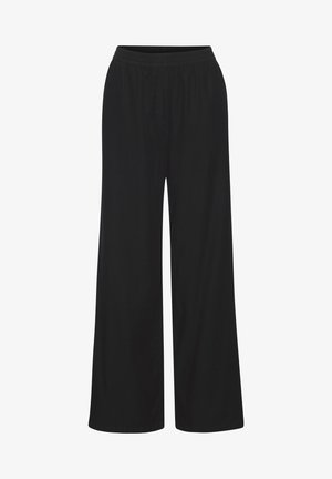 Schwarze, weit geschnittene Hose mit elastischem Bund, lockerer Passform und ohne sichtbare Taschen oder Verzierungen vor weißem Hintergrund.