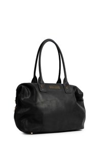 Zwarte leren handtas met twee stevige handvatten, een gladde textuur, een rechthoekige vorm en een decoratieve accentplaat aan de voorkant.