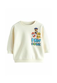 Sweatshirt pour enfants couleur crème avec des chiens animés en tenues de policier et de pompier, et le texte coloré "PAW SOME".